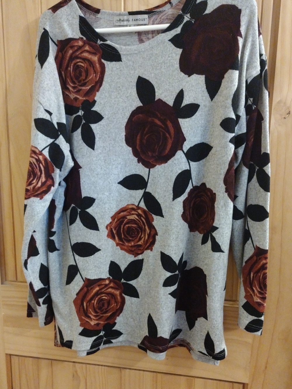 Famous Grey Sweater with Brown Floral Print — Women’s Long Sleeve Pullover
